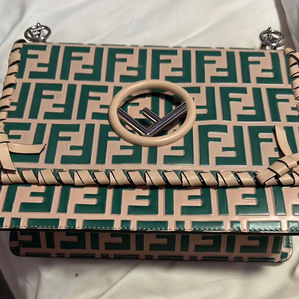 AUTHENTIC FENDI Green and Cream Shoulder Bag with FF Monogram